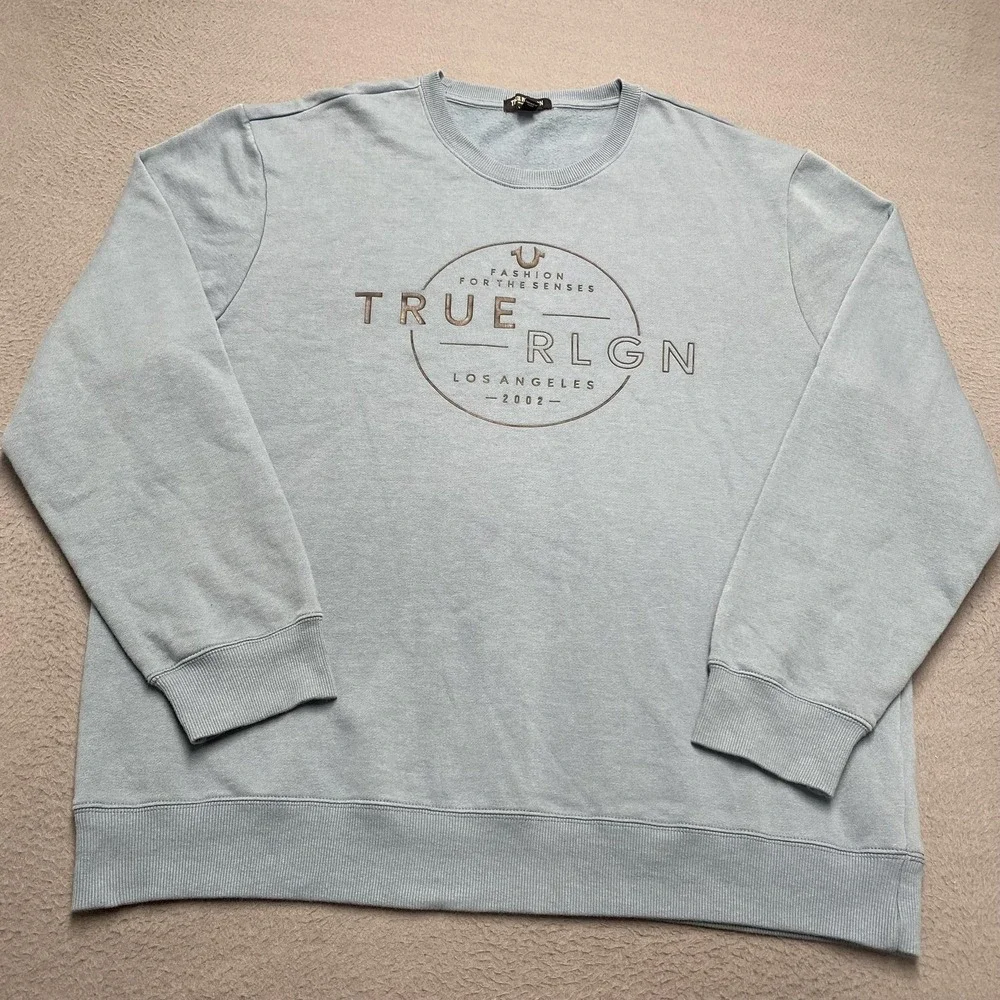 True Religion Sweatshirt Mens 3XL‎ Blue Pullover Fleece Graphic Crewneck